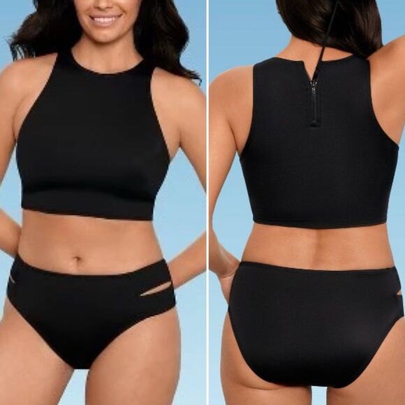 Beach Betty 3 Pc Bikini Set Black Swim Top & Bottom & Leopard Crop Top Size M/L - Picture 5 of 16